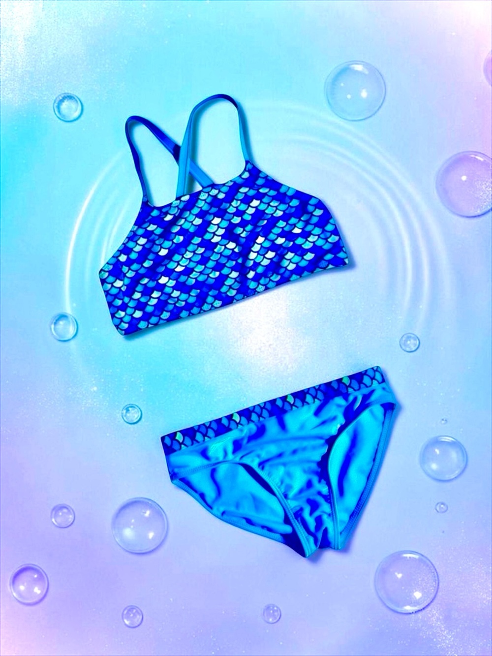 Wonder Nation Girls Mermaid‑Scale Swimsuit Blue 2‑Piece Large 10–12